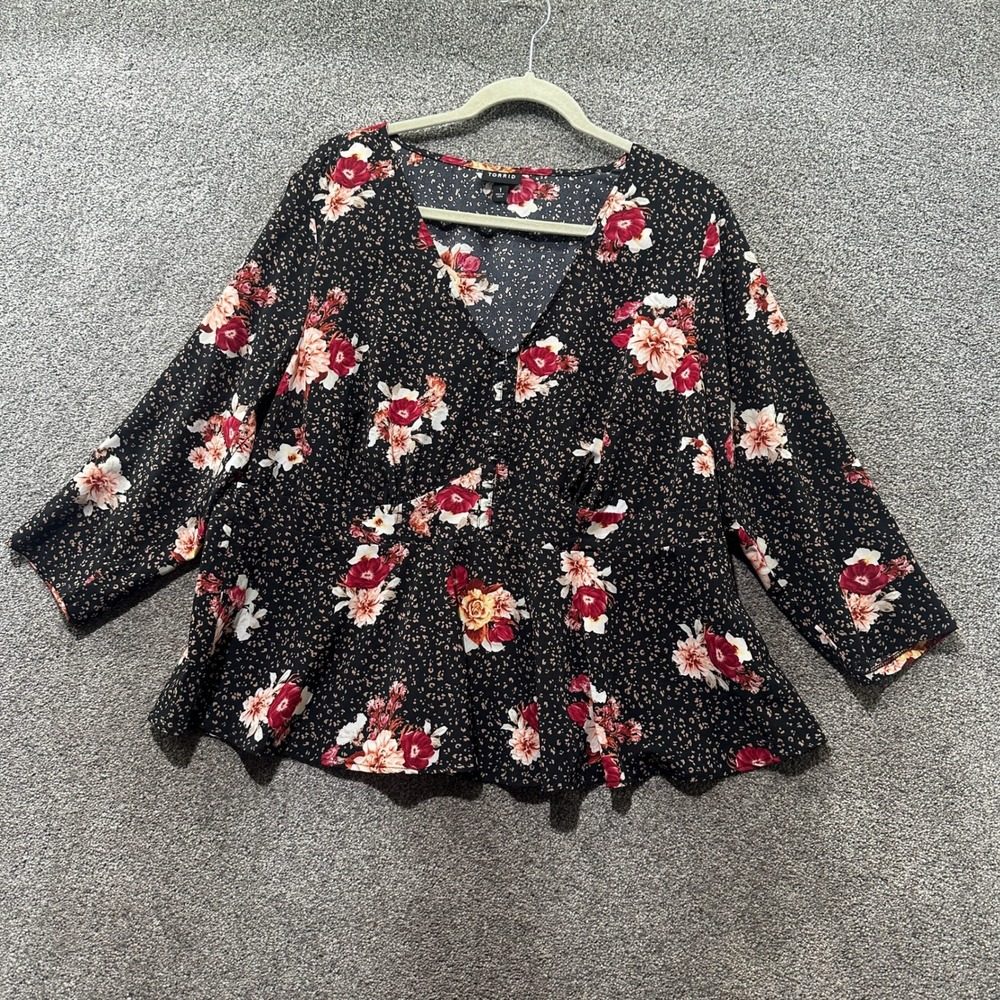 Torrid Blouse Top Women 1X Dark Floral Animal Print Peplum Chablis Corset V Neck